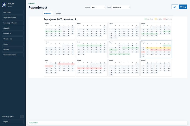APP_EP kalendar popunjenosti apartmana